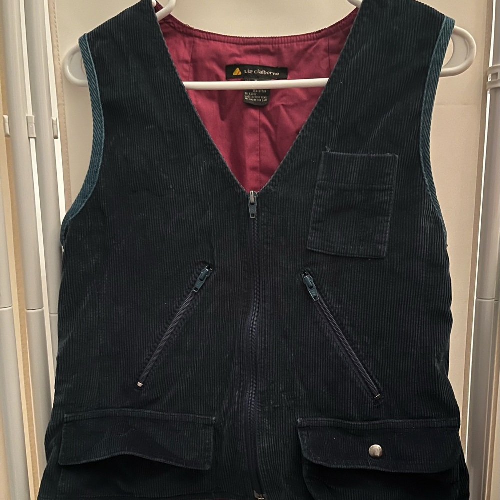 100% Cotton Liz Claiborne Teal Corduroy Zip-Front Vest with Berry Lining
